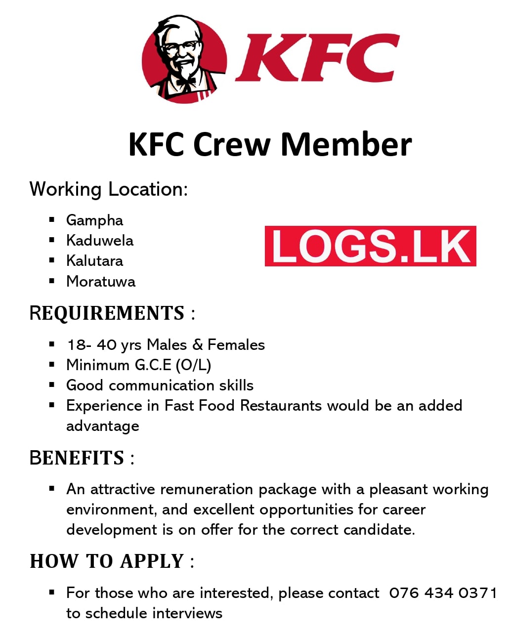 Crew Member Job Vacancies 2023 in KFC Sri Lanka Application